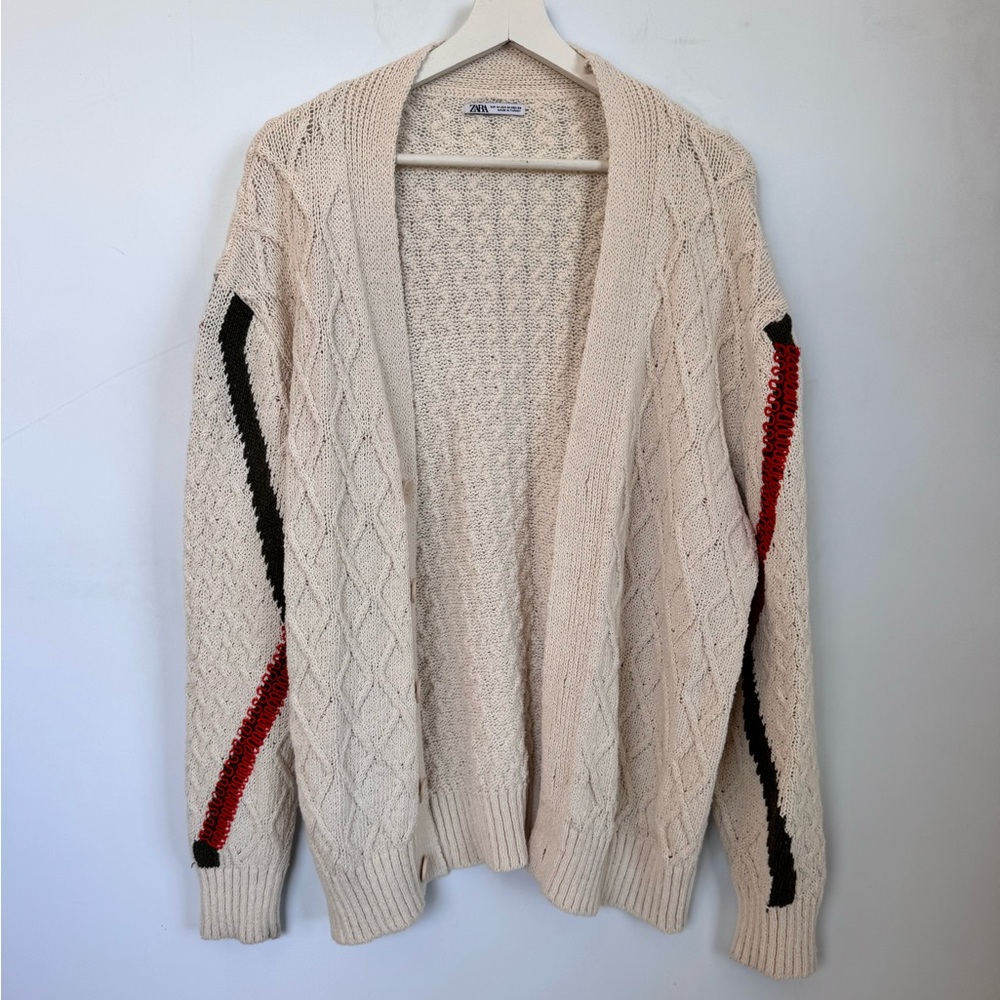 Zara Diamond Cable Knit Cardigan Sweater with Textured Design on Sleeves Sz Med